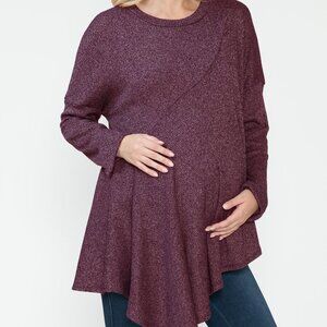 Women's Maternity Long Sleeve Burgundy Asymmetric Hem Fall Top